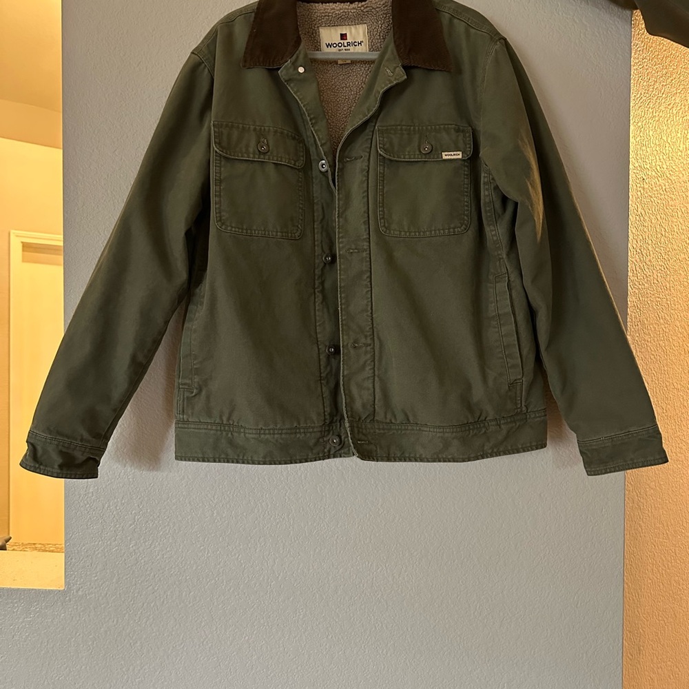 Woolrich Green Canvas Sherpa Lined Corduroy Collar Men’s Large Jacket